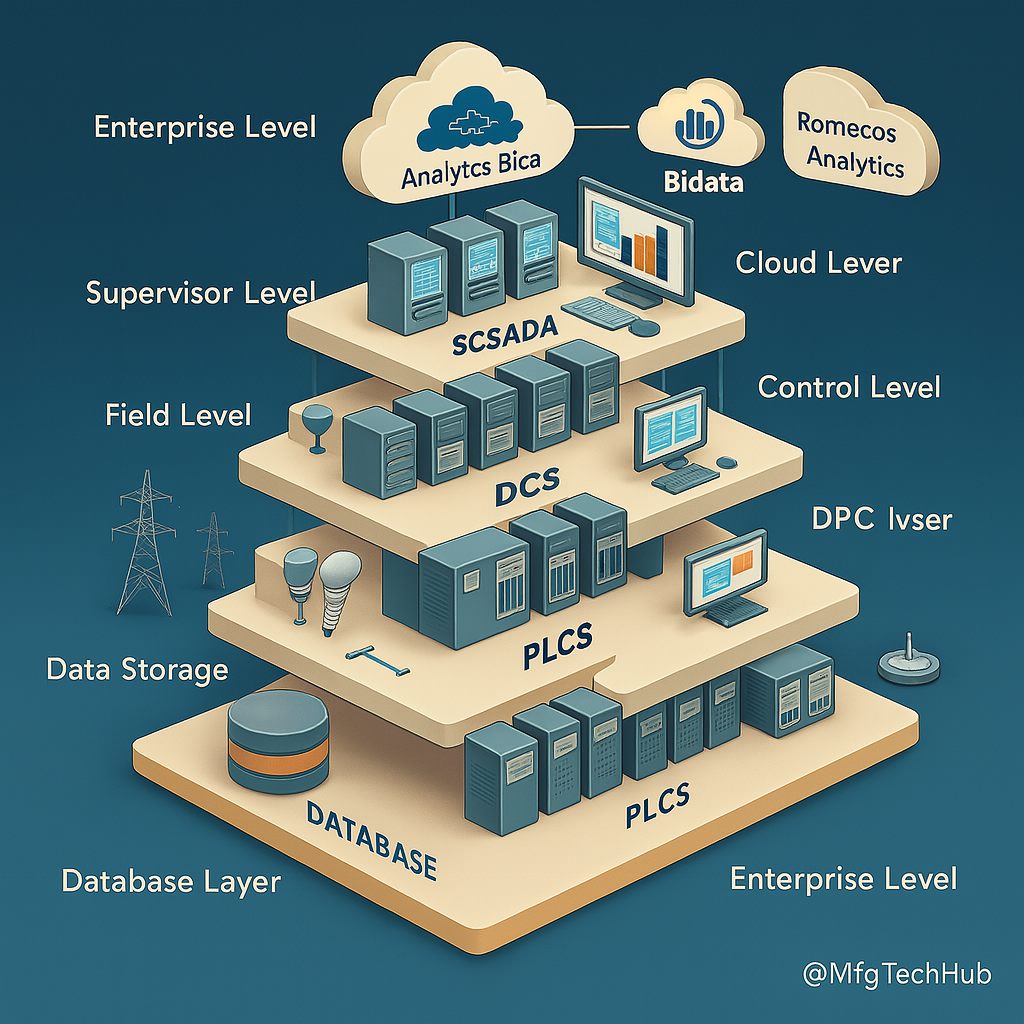 Distributed Control System (DCS) architecture with field, control, supervisory, and enterprise levels, featuring servers, edge devices, cloud integration, and industrial environments