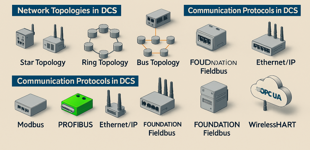 DCS network topologies and communication protocols including star, ring, bus, mesh, hybrid configurations, and Modbus, Profibus, Ethernet/IP, OPC UA, and WirelessHART protocols