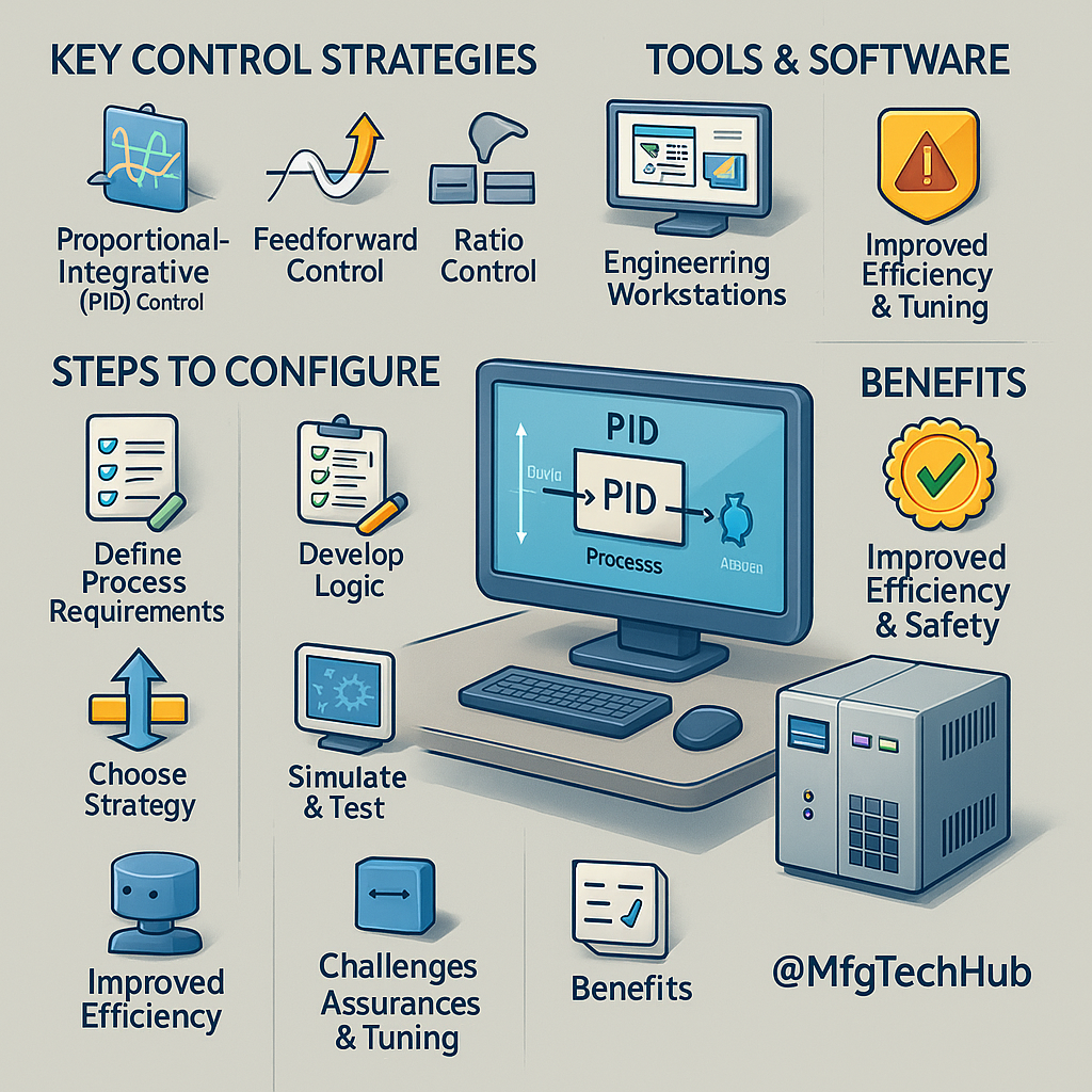DCS programming and control strategies including PID, cascade, feedforward, ratio, and APC control with DCS software configuration and monitoring tools.