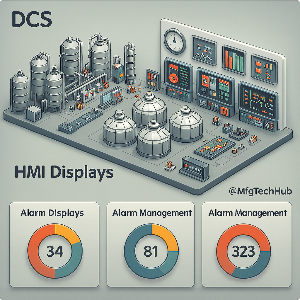DCS programming with customized HMI displays, alarm dashboards, real-time process visualization, and alarm management systems