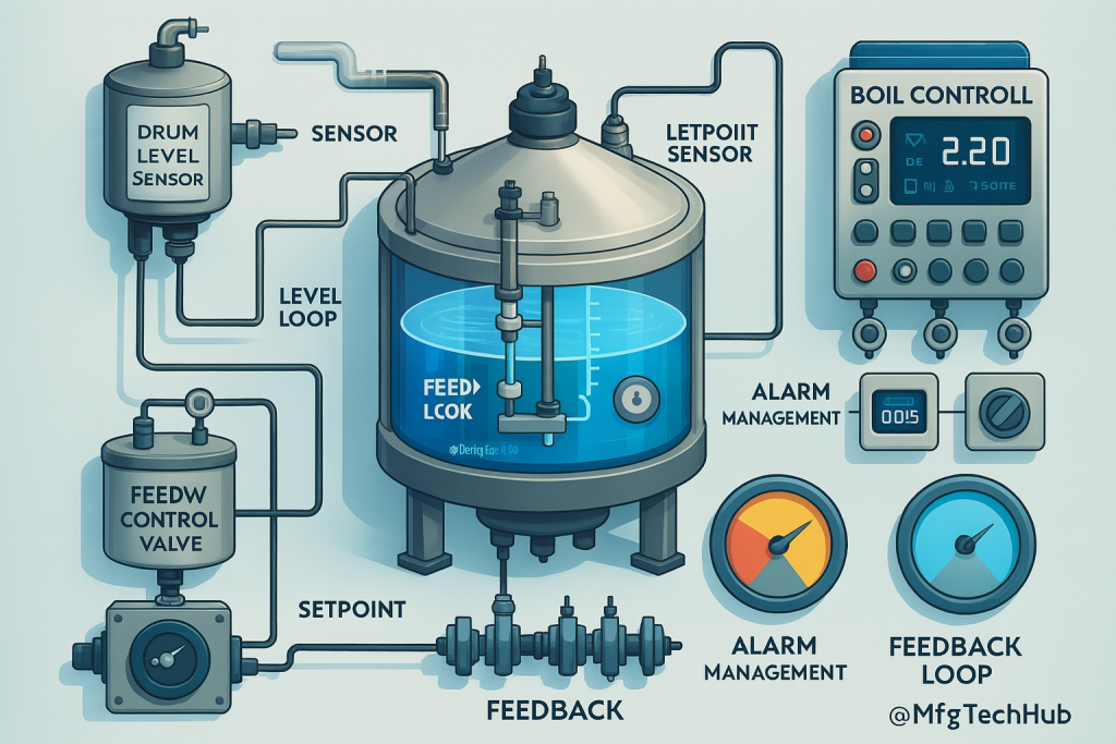 A boiler drum level control system with sensors, control valves, and setpoints