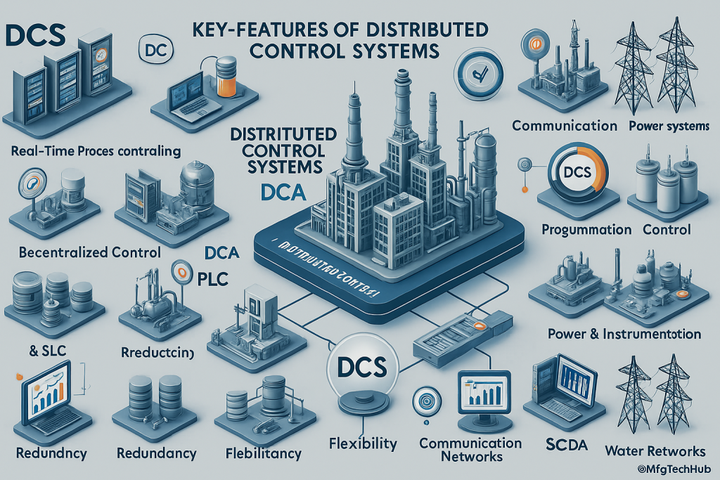 The key features of Distributed Control Systems (DCS), including real-time control, HMI, PLCs, SCADA, redundancy, communication networks, and flexibility, with a modern industrial plant visual in the center and watermark @MfgTechHub