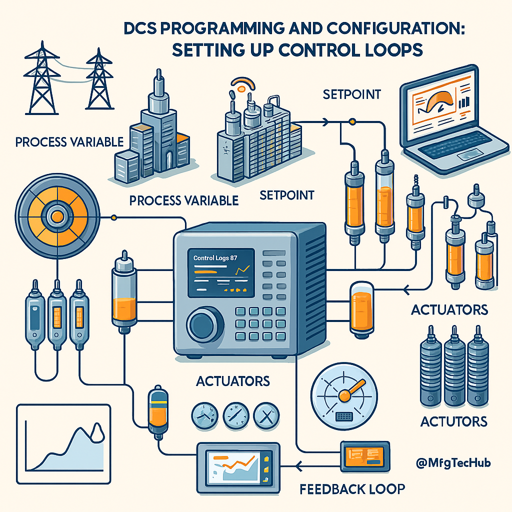 DCS programming and configuration for setting up control loops with sensors, controllers, actuators, and feedback systems