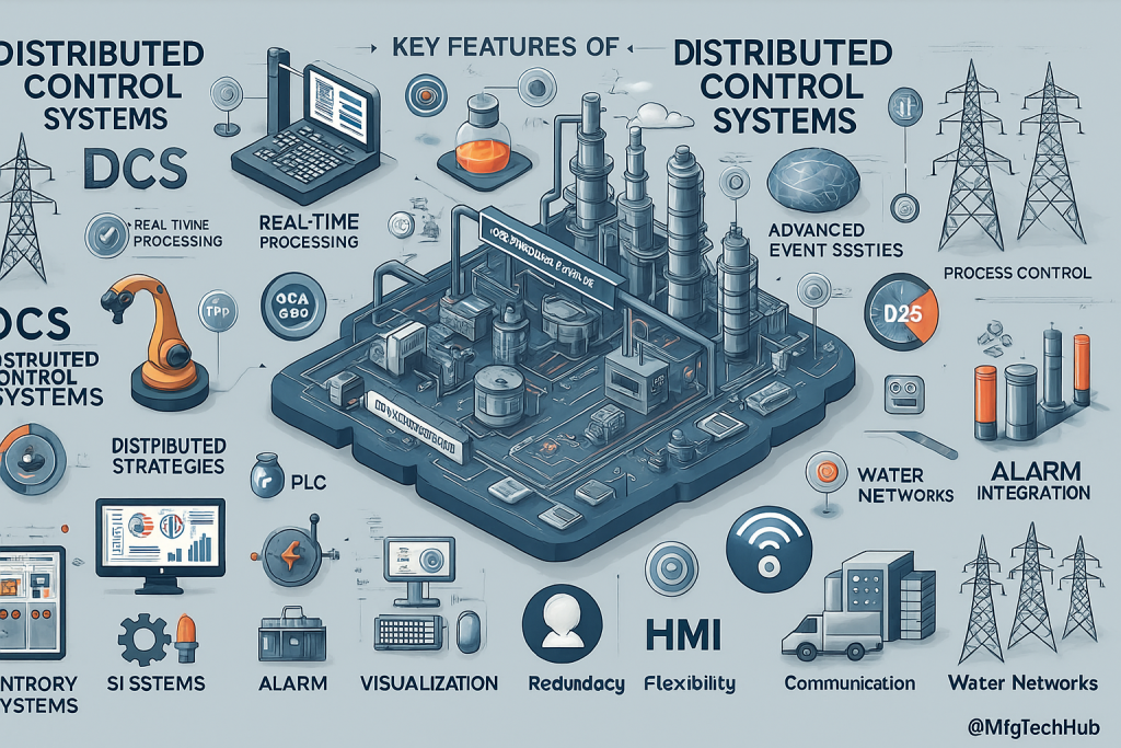 The key features and components of Distributed Control Systems (DCS) including real-time control, alarm management, redundancy, event monitoring, and communication networks