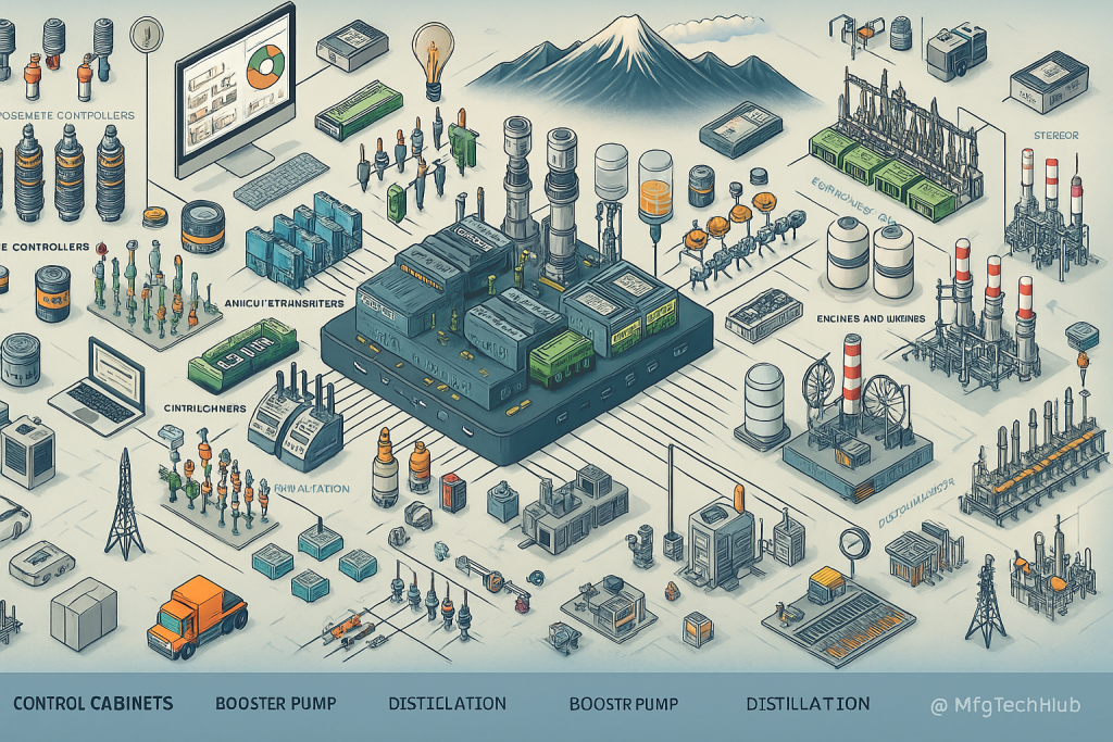 An infographic showcasing Distributed Control Systems (DCS) architecture and components with central control modules, sensors, actuators, SCADA systems, industrial equipment, and communication networks.