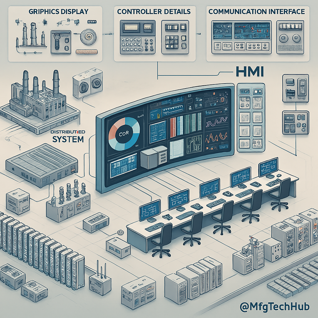 A DCS control room with operator stations, HMI screens, controllers, communication interfaces, and graphical display modules