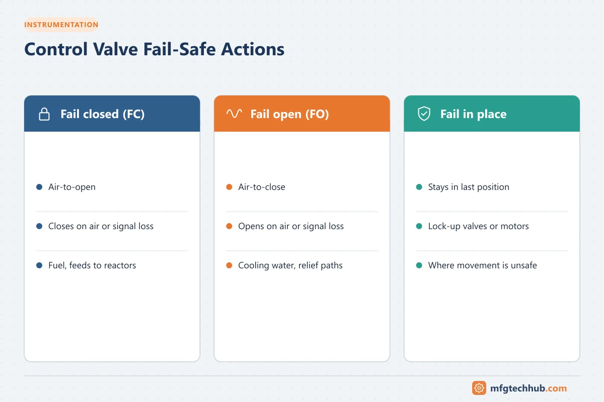 Control Valve Fail-Safe Actions: Fail closed (FC) (Air-to-open, Closes on air or signal loss); Fail open (FO) (Air-to-close, Opens on air or signal loss); Fail in place (Stays in last…