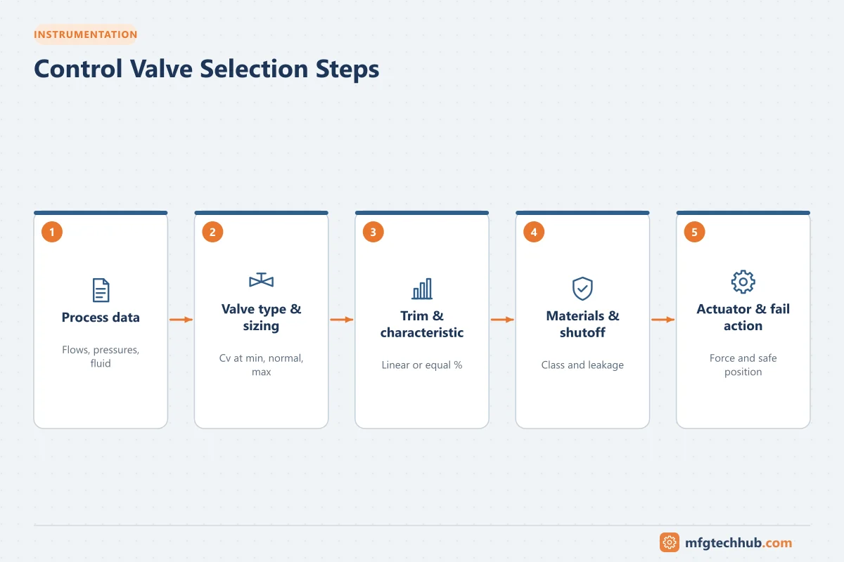 Control Valve Selection Steps: Process data, Valve type & sizing, Trim & characteristic, Materials & shutoff, Actuator & fail action