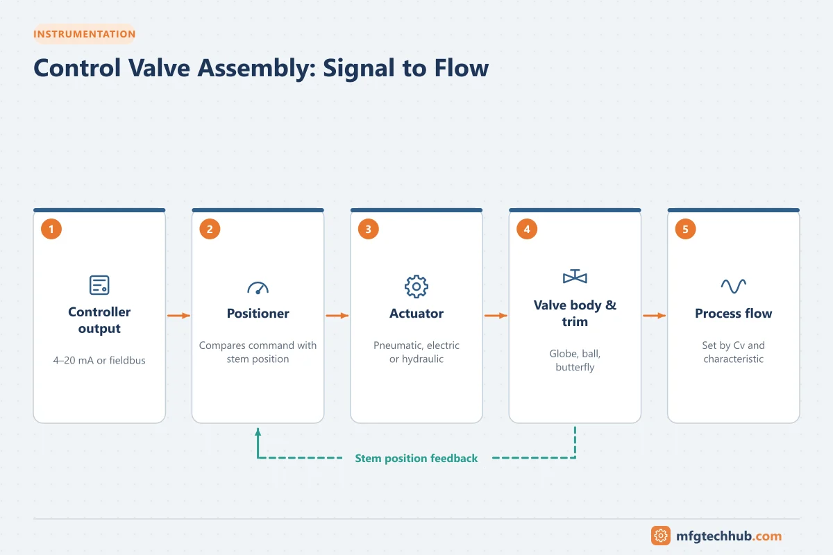 Control Valve Assembly: Signal to Flow: Controller output, Positioner, Actuator, Valve body & trim, Process flow