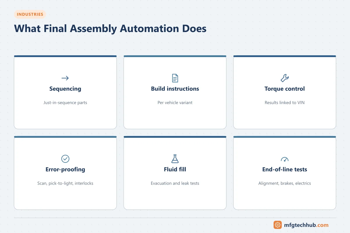 What Final Assembly Automation Does: Sequencing, Build instructions, Torque control, Error-proofing, Fluid fill, End-of-line tests
