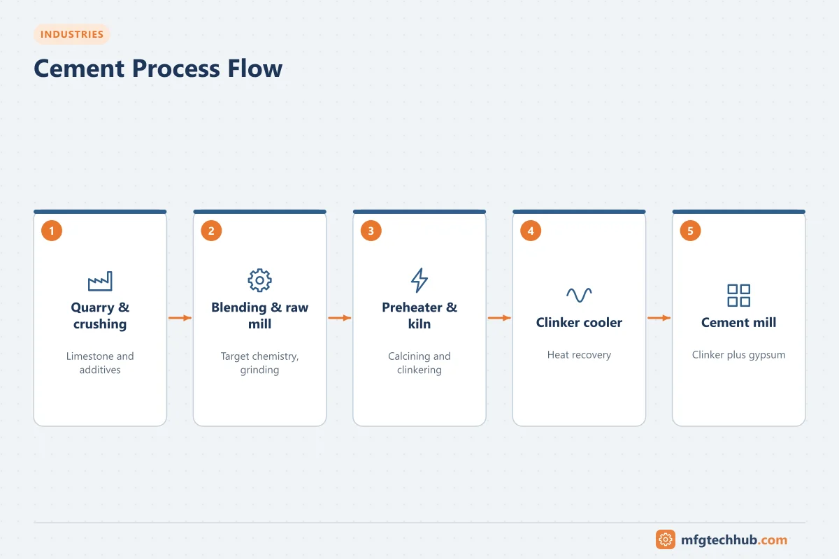Cement Process Flow: Quarry & crushing, Blending & raw mill, Preheater & kiln, Clinker cooler, Cement mill