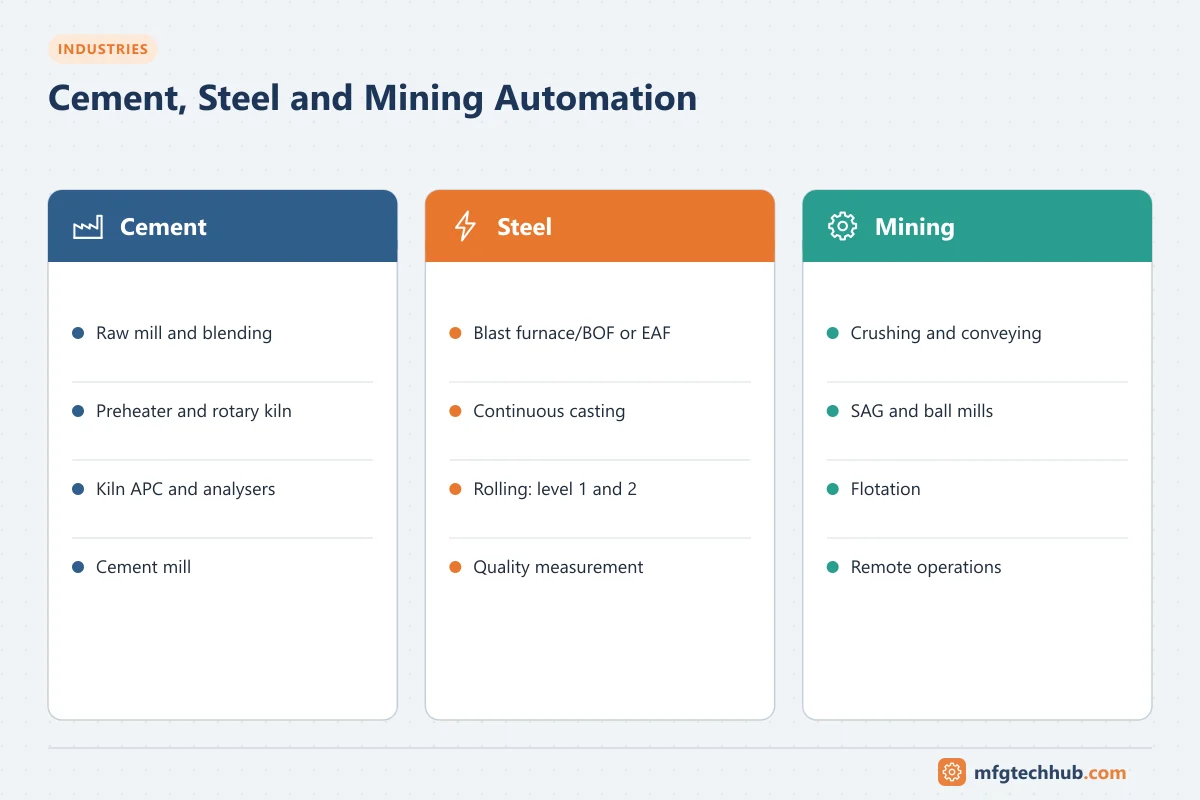 Cement, Steel and Mining Automation: Cement (Raw mill and blending, Preheater and rotary kiln); Steel (Blast furnace/BOF or EAF, Continuous casting); Mining (Crushing and conveying, SAG…