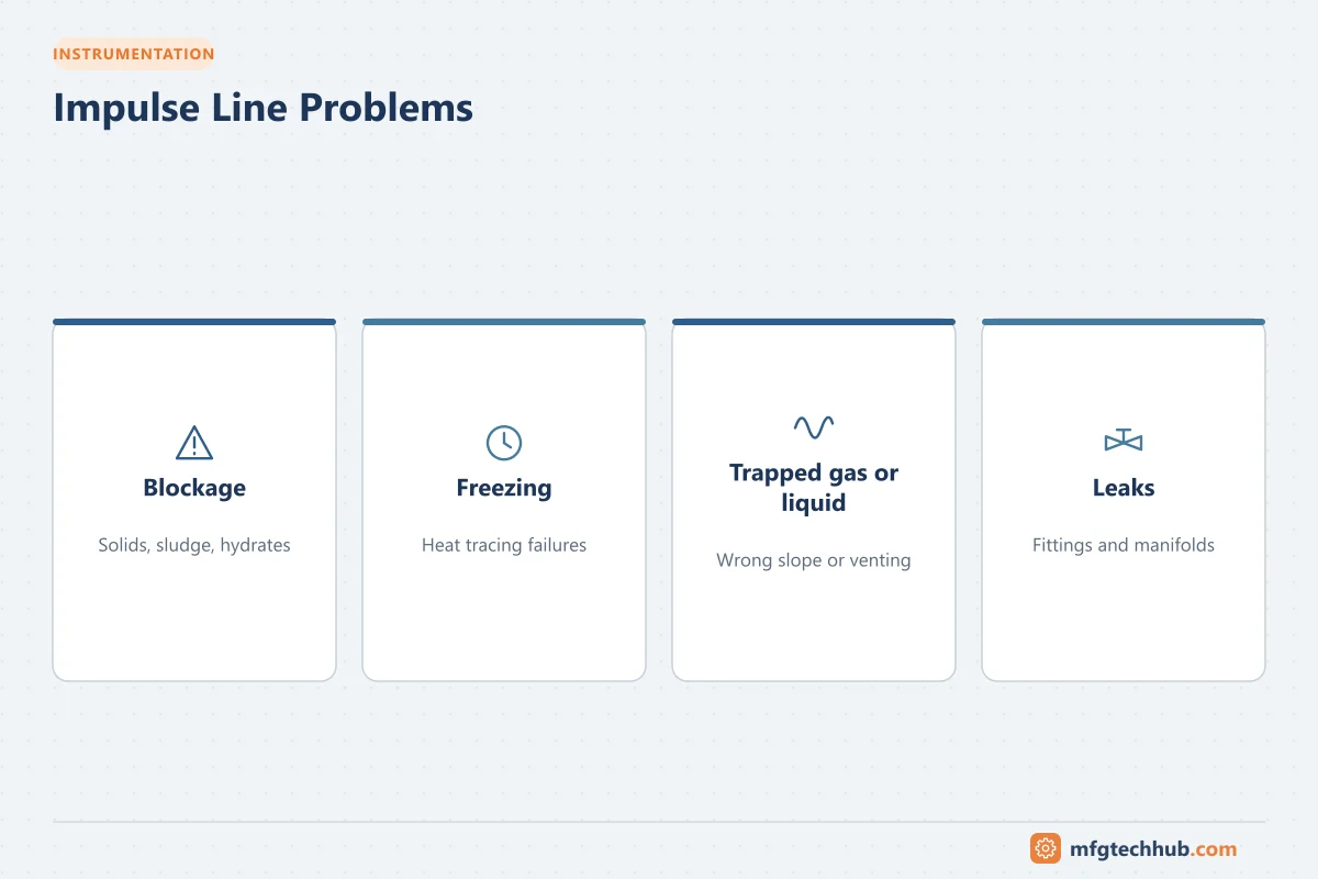 Impulse Line Problems: Blockage, Freezing, Trapped gas or liquid, Leaks