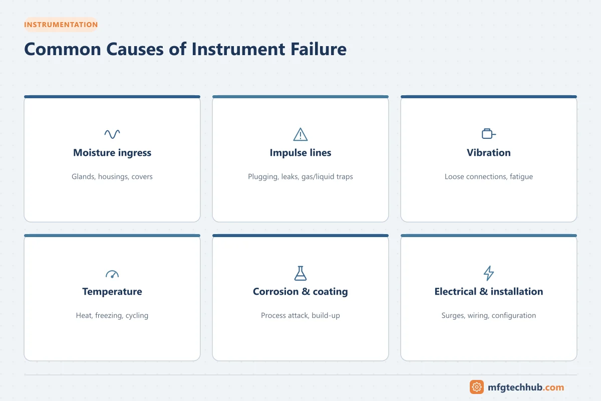 Common Causes of Instrument Failure: Moisture ingress, Impulse lines, Vibration, Temperature, Corrosion & coating, Electrical & installation