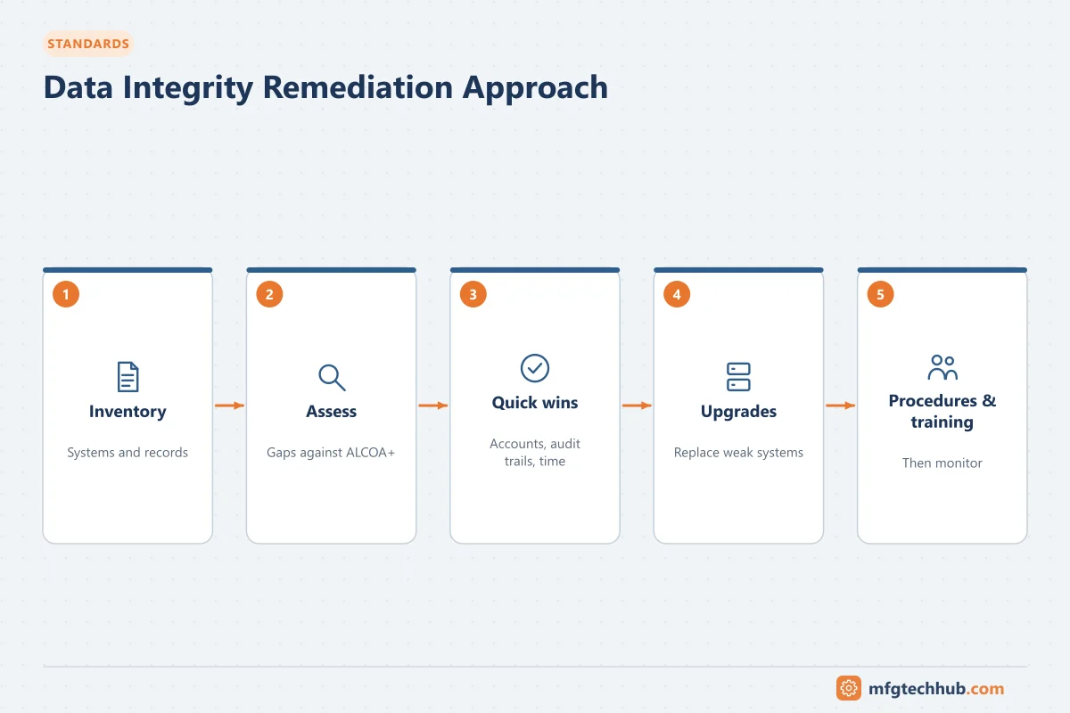 Data Integrity Remediation Approach: Inventory, Assess, Quick wins, Upgrades, Procedures & training