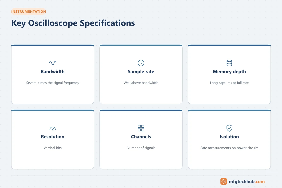Key Oscilloscope Specifications: Bandwidth, Sample rate, Memory depth, Resolution, Channels, Isolation