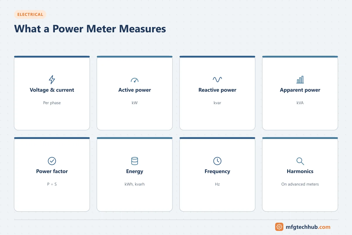 What a Power Meter Measures: Voltage & current, Active power, Reactive power, Apparent power, Power factor, Energy, Frequency, Harmonics