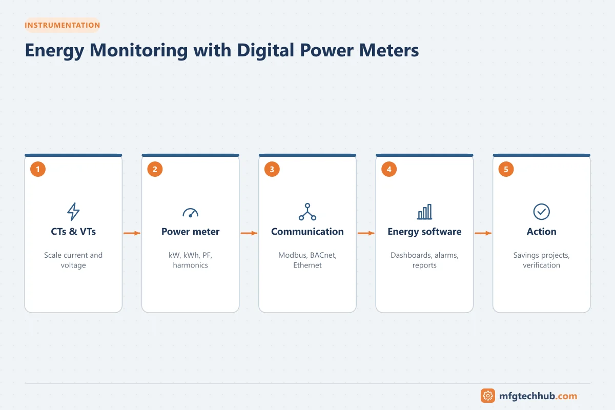 Energy Monitoring with Digital Power Meters: CTs & VTs, Power meter, Communication, Energy software, Action