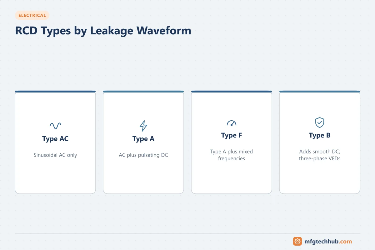 RCD Types by Leakage Waveform: Type AC, Type A, Type F, Type B