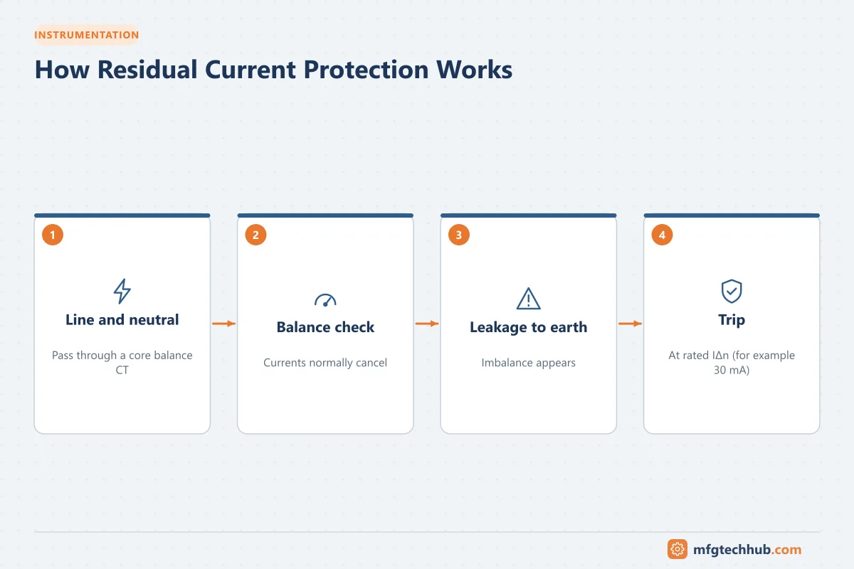 How Residual Current Protection Works: Line and neutral, Balance check, Leakage to earth, Trip