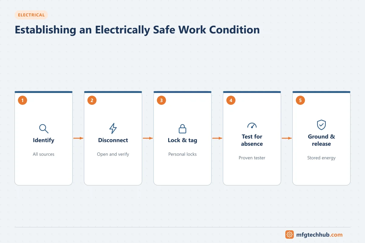 Establishing an Electrically Safe Work Condition: Identify, Disconnect, Lock & tag, Test for absence, Ground & release