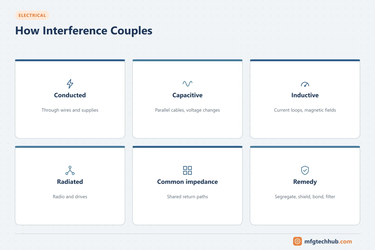 How Interference Couples: Conducted, Capacitive, Inductive, Radiated, Common impedance, Remedy