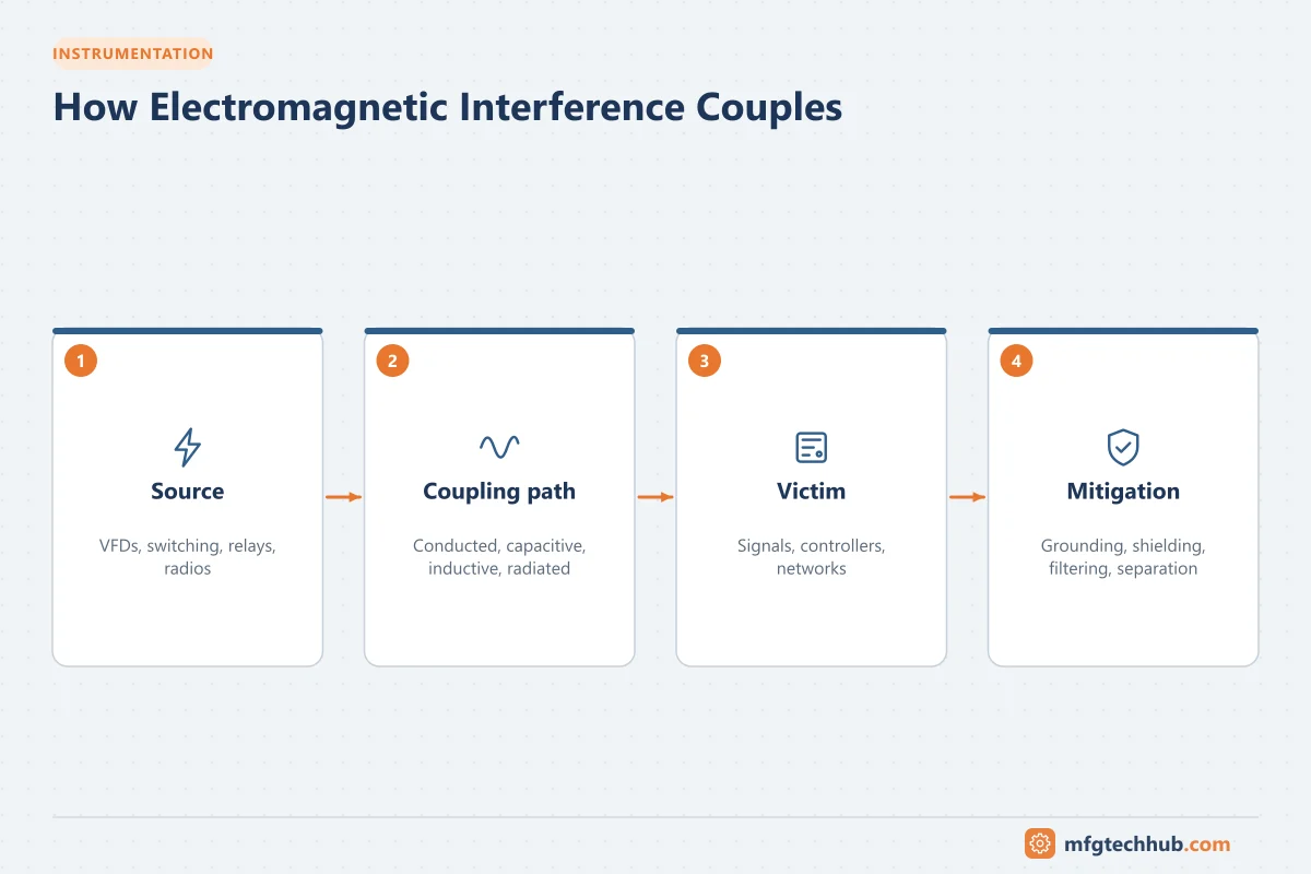 How Electromagnetic Interference Couples: Source, Coupling path, Victim, Mitigation