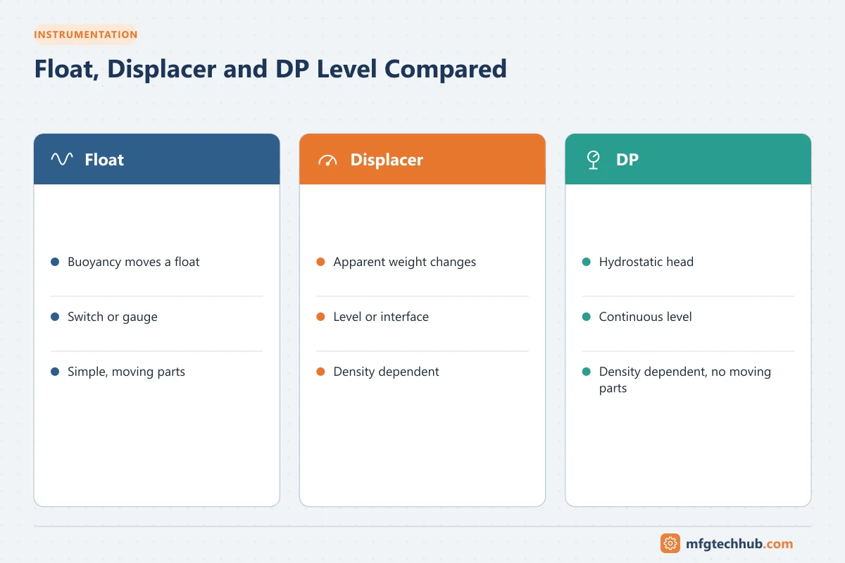 Float, Displacer and DP Level Compared: Float (Buoyancy moves a float, Switch or gauge); Displacer (Apparent weight changes, Level or interface); DP (Hydrostatic head, Continuous level)