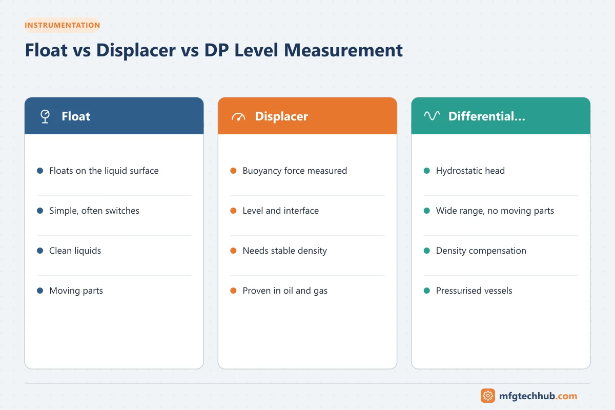Float vs Displacer vs DP Level Measurement: Float (Floats on the liquid surface, Simple, often switches); Displacer (Buoyancy force measured, Level and interface); Differential pressure…