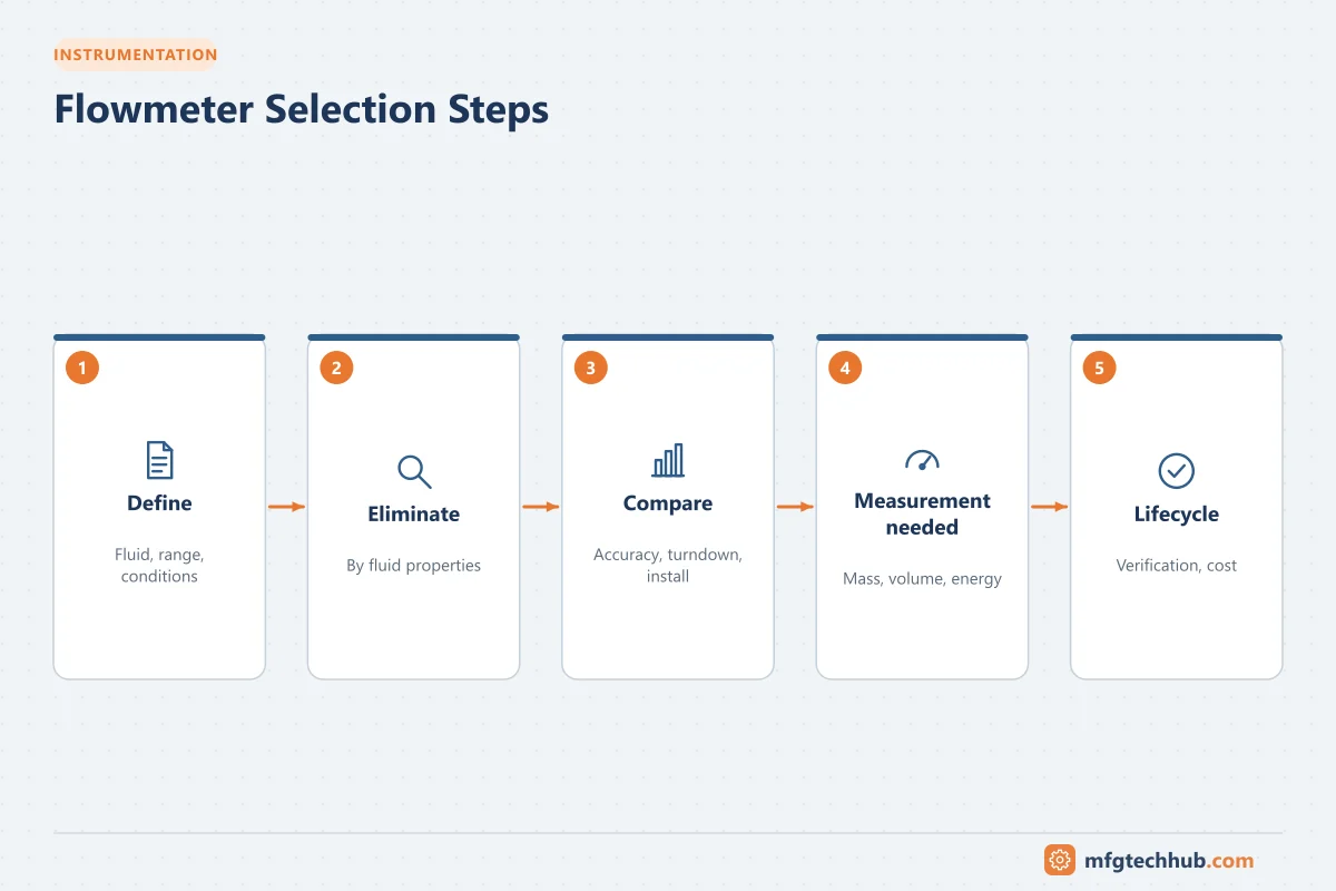 Flowmeter Selection Steps: Define, Eliminate, Compare, Measurement needed, Lifecycle