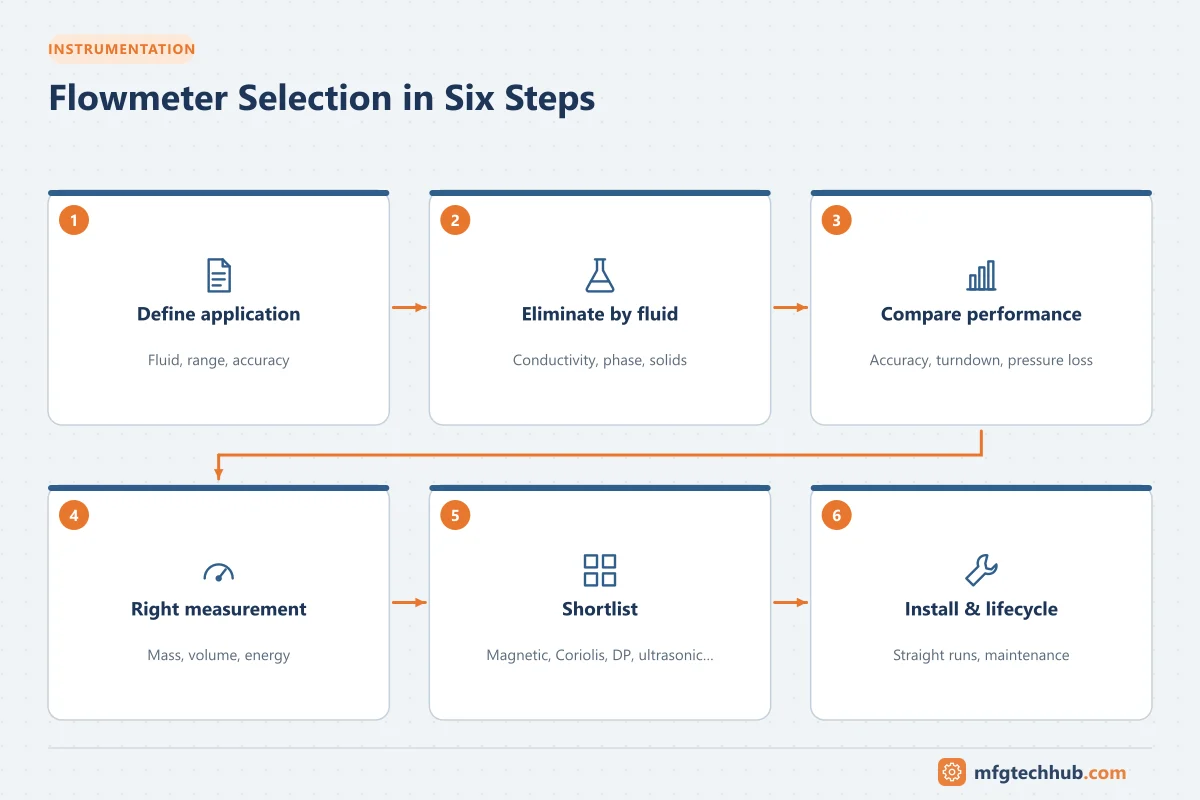 Flowmeter Selection in Six Steps: Define application, Eliminate by fluid, Compare performance, Right measurement, Shortlist, Install & lifecycle