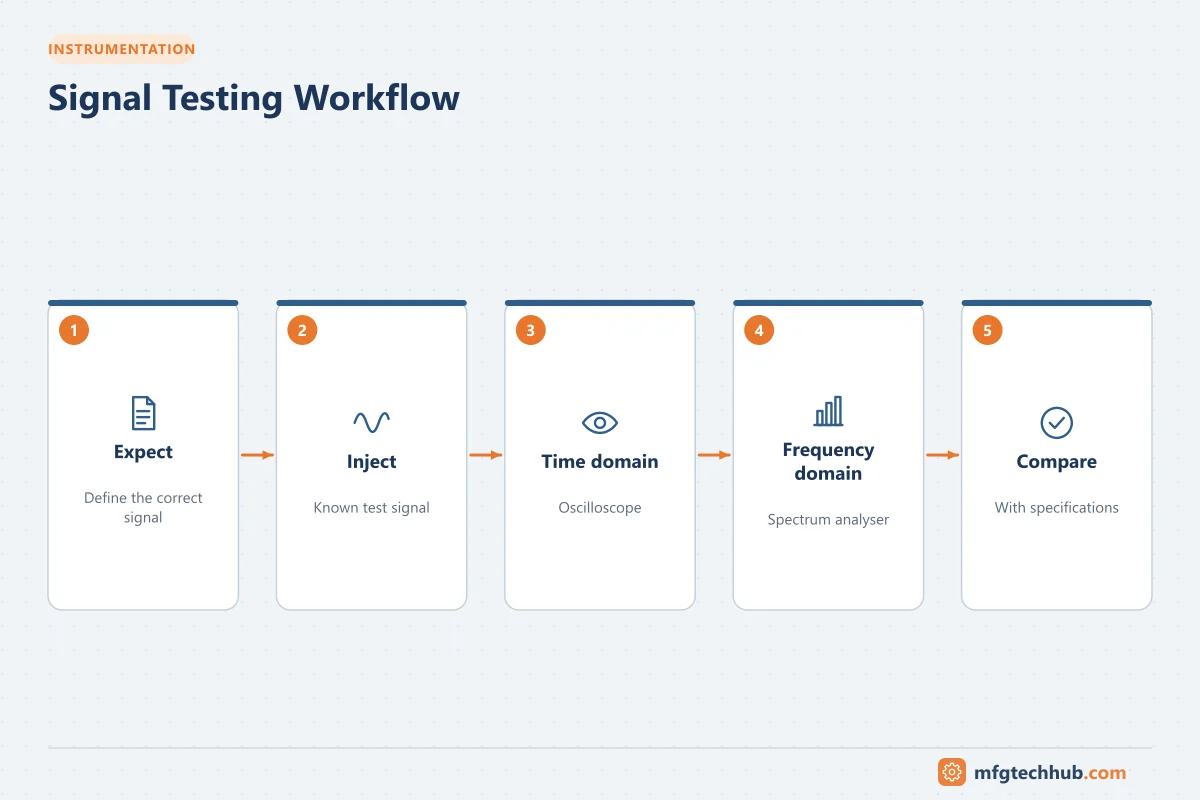 Signal Testing Workflow: Expect, Inject, Time domain, Frequency domain, Compare