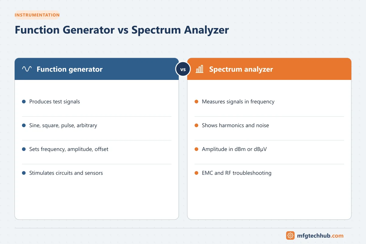 Function Generator vs Spectrum Analyzer: Function generator (Produces test signals, Sine, square, pulse, arbitrary); Spectrum analyzer (Measures signals in frequency, Shows harmonics and…