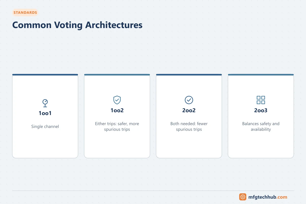 Common Voting Architectures: 1oo1, 1oo2, 2oo2, 2oo3
