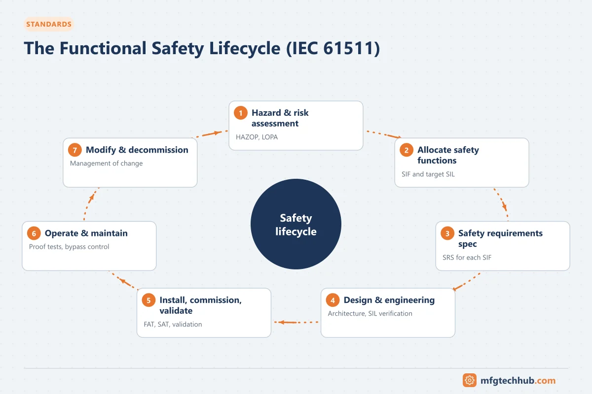 IEC 61511 functional safety lifecycle from hazard assessment to modification