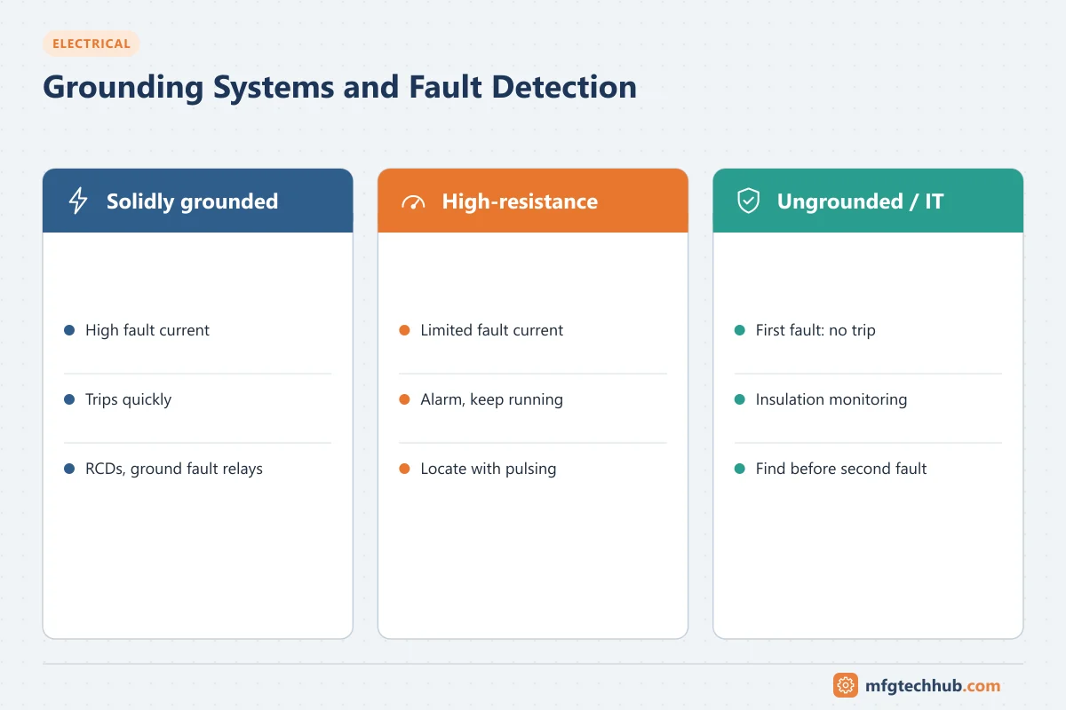 Grounding Systems and Fault Detection: Solidly grounded (High fault current, Trips quickly); High-resistance (Limited fault current, Alarm, keep running); Ungrounded / IT (First fault:…