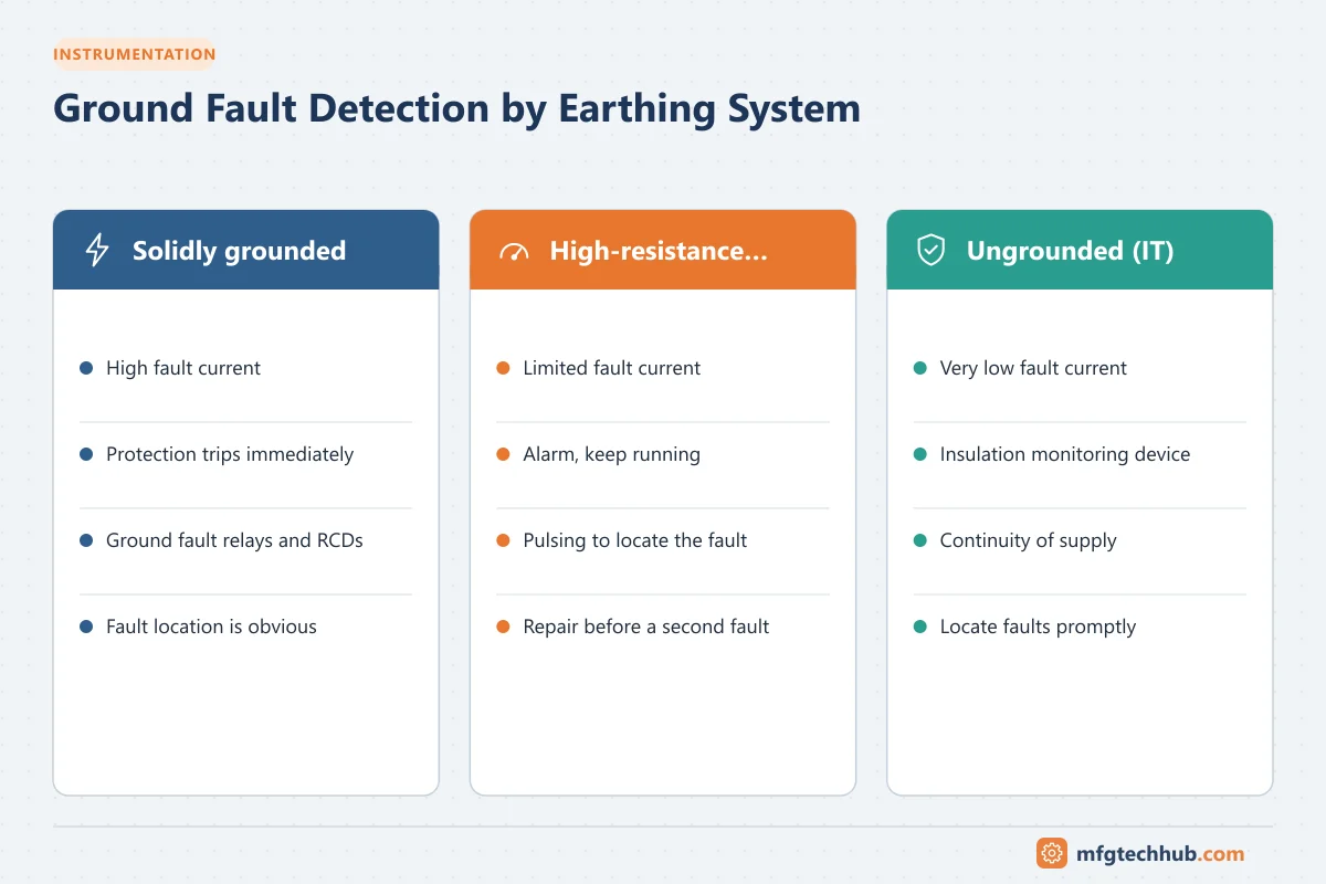 Ground Fault Detection by Earthing System: Solidly grounded (High fault current, Protection trips immediately); High-resistance grounded (Limited fault current, Alarm, keep running);…