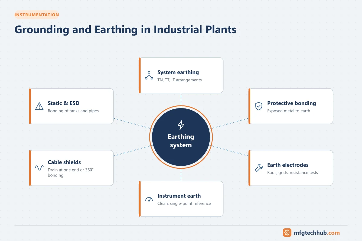 Grounding and Earthing in Industrial Plants: System earthing, Protective bonding, Earth electrodes, Instrument earth, Cable shields, Static & ESD