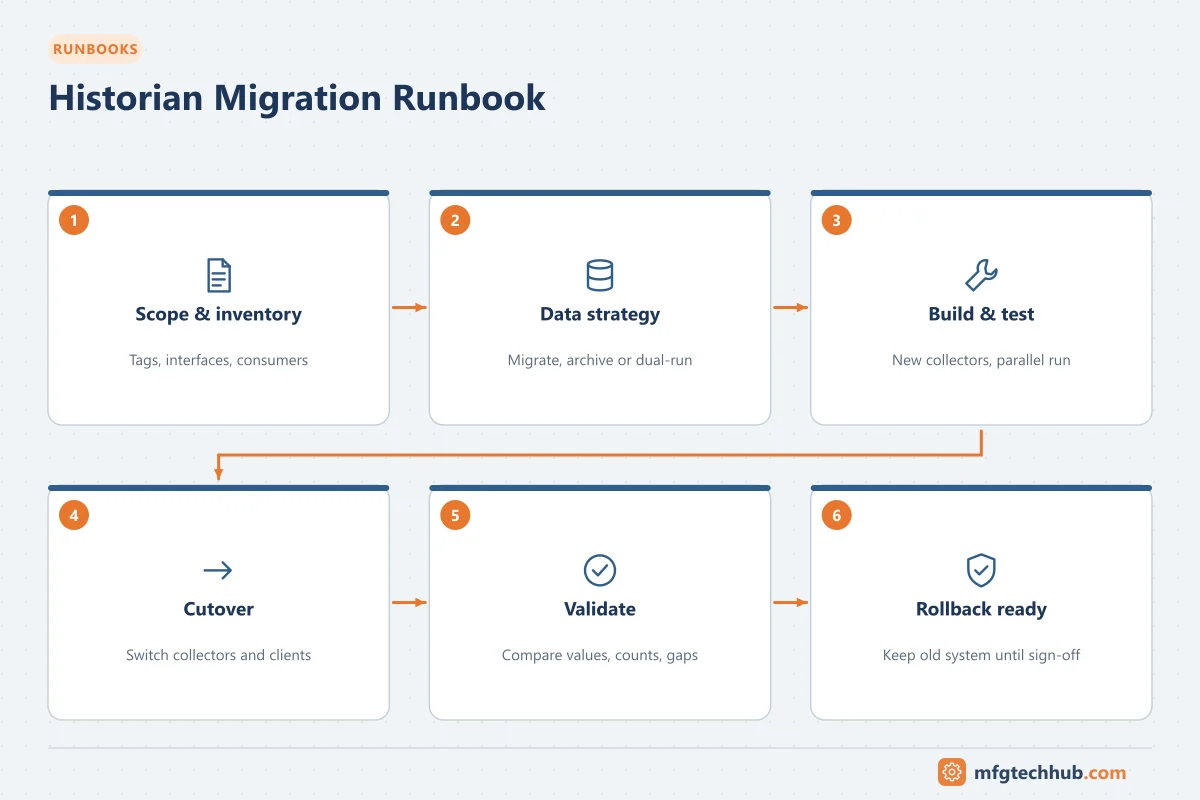 Historian Migration Runbook: Scope & inventory, Data strategy, Build & test, Cutover, Validate, Rollback ready
