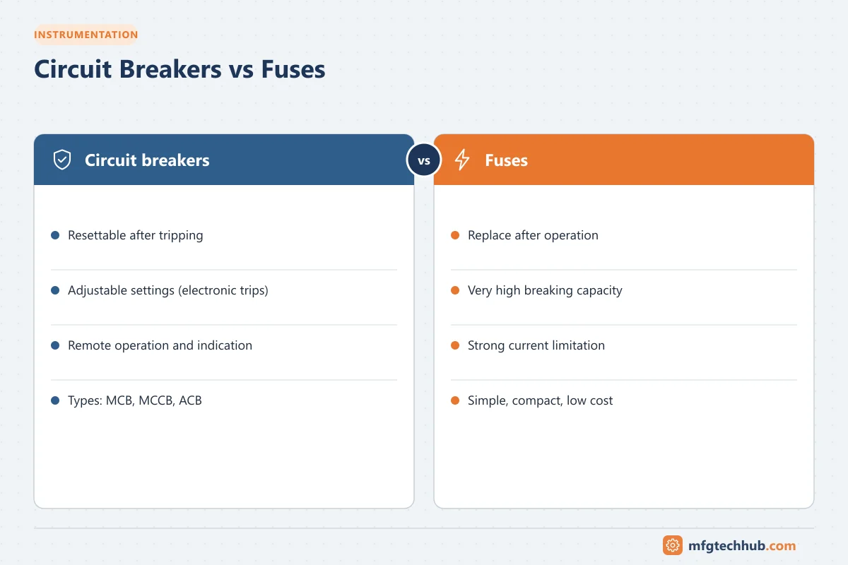 Circuit Breakers vs Fuses: Circuit breakers (Resettable after tripping, Adjustable settings (electronic trips)); Fuses (Replace after operation, Very high breaking capacity)