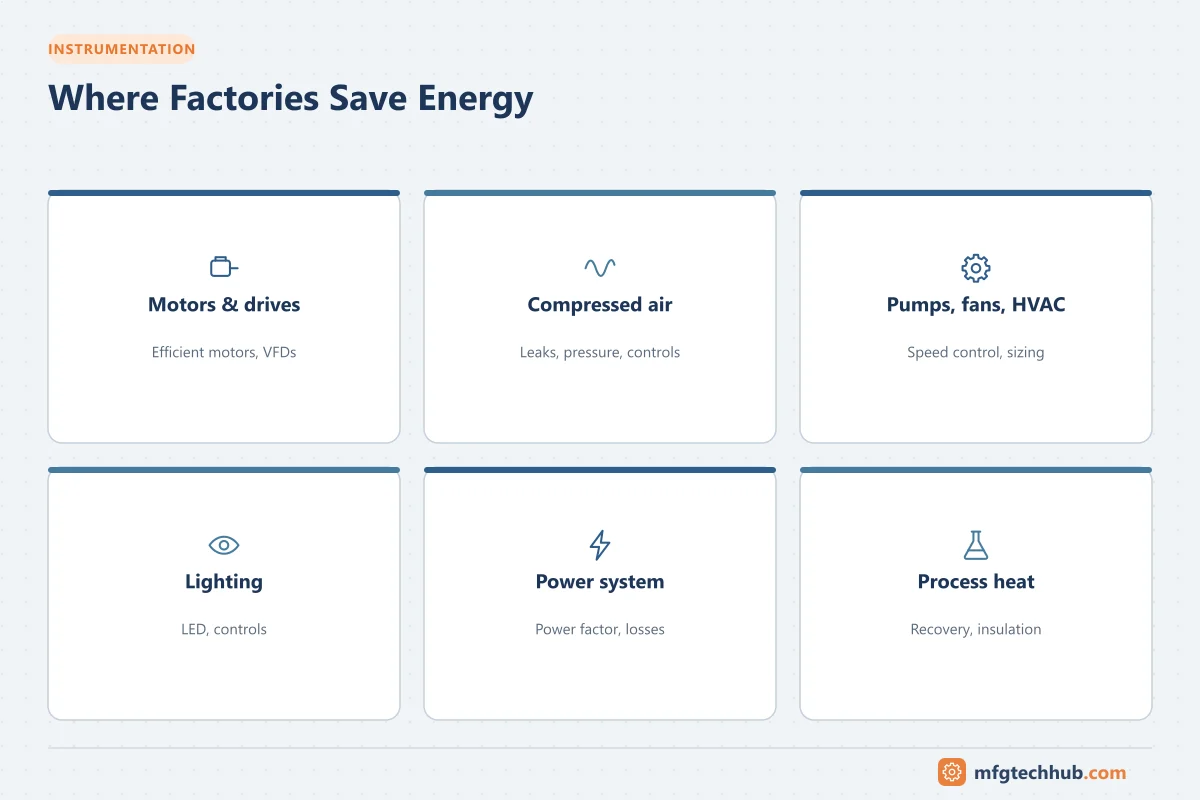 Where Factories Save Energy: Motors & drives, Compressed air, Pumps, fans, HVAC, Lighting, Power system, Process heat