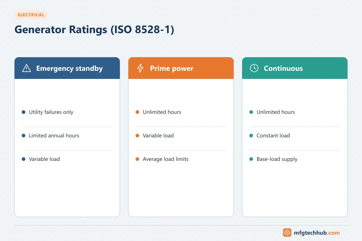Generator Ratings (ISO 8528-1): Emergency standby (Utility failures only, Limited annual hours); Prime power (Unlimited hours, Variable load); Continuous (Unlimited hours, Constant load)
