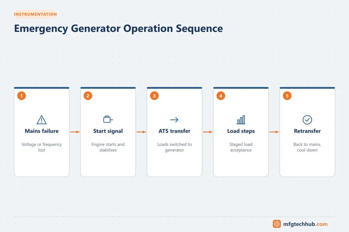 Emergency Generator Operation Sequence: Mains failure, Start signal, ATS transfer, Load steps, Retransfer