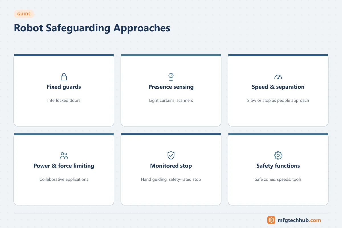Robot Safeguarding Approaches: Fixed guards, Presence sensing, Speed & separation, Power & force limiting, Monitored stop, Safety functions