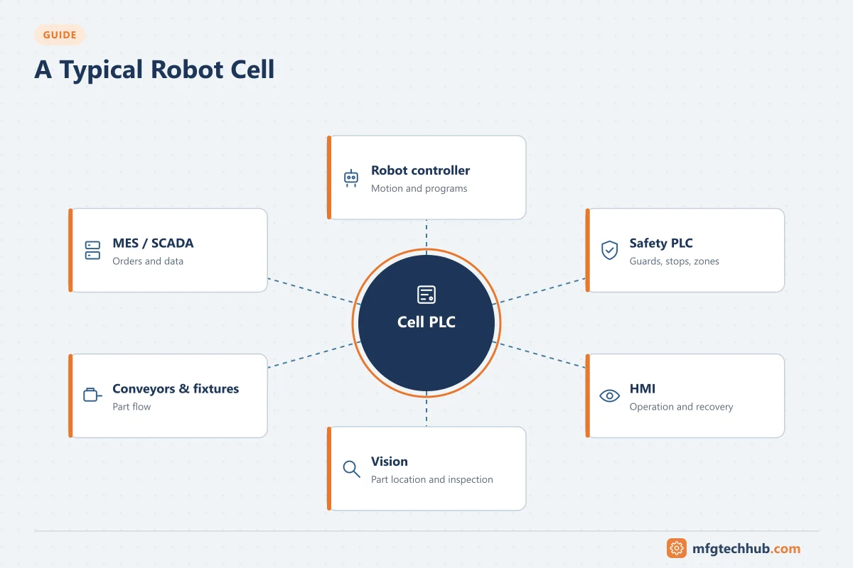 A Typical Robot Cell: Robot controller, Safety PLC, HMI, Vision, Conveyors & fixtures, MES / SCADA