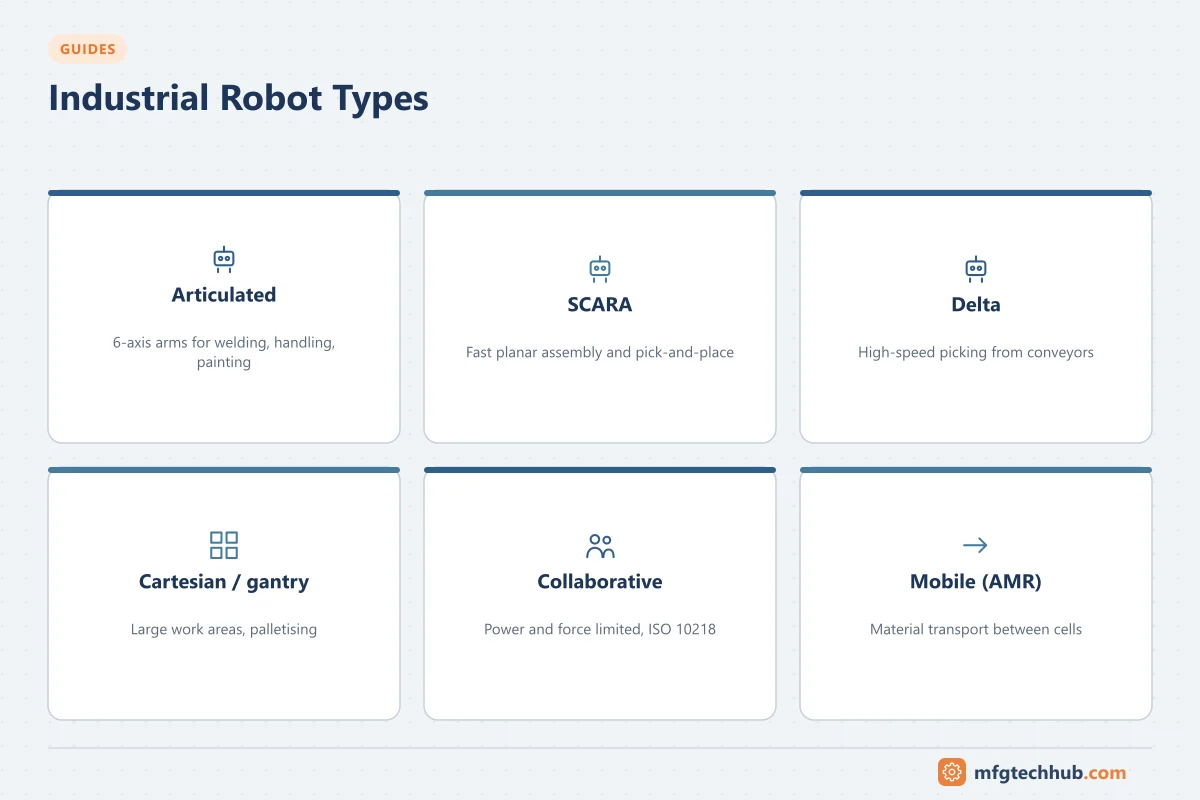 Industrial Robot Types: Articulated, SCARA, Delta, Cartesian / gantry, Collaborative, Mobile (AMR)