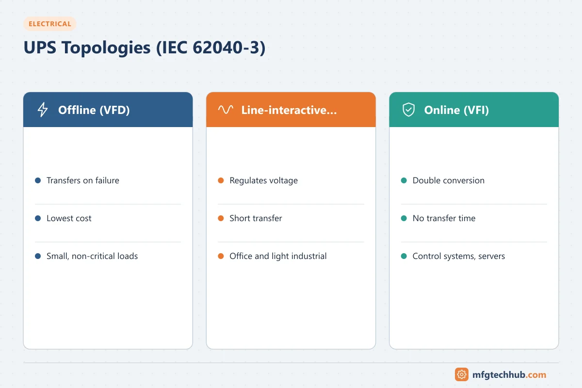 UPS Topologies (IEC 62040-3): Offline (VFD) (Transfers on failure, Lowest cost); Line-interactive (VI) (Regulates voltage, Short transfer); Online (VFI) (Double conversion, No transfer time)