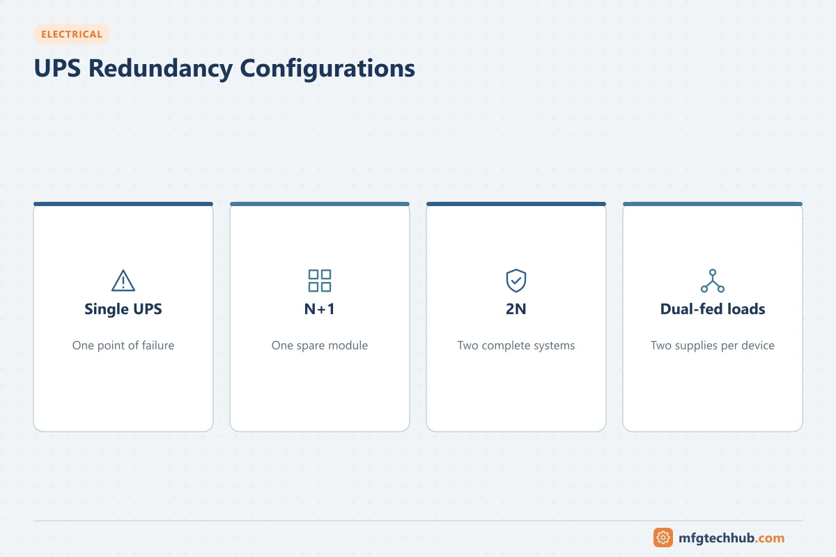 UPS Redundancy Configurations: Single UPS, N+1, 2N, Dual-fed loads