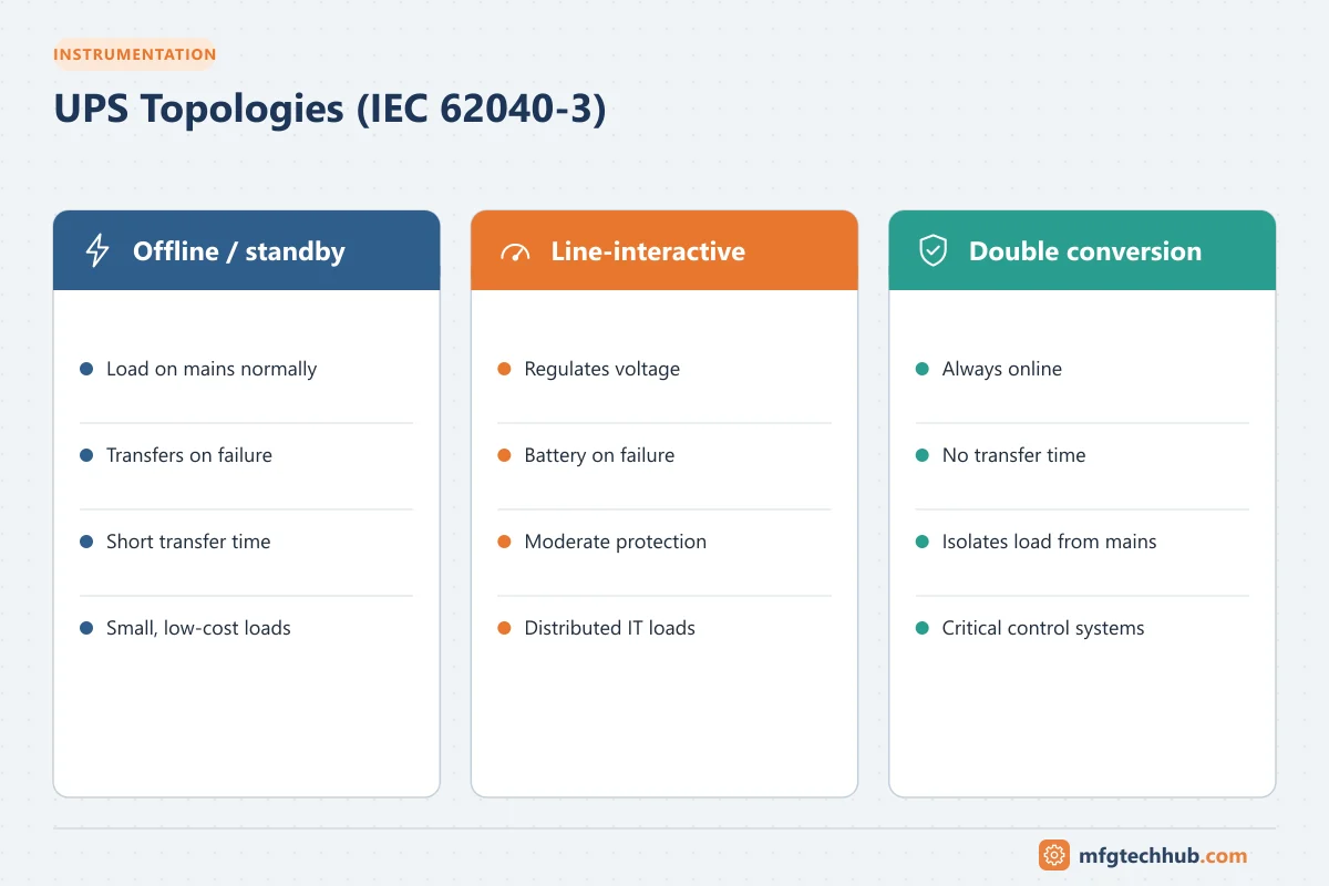 UPS Topologies (IEC 62040-3): Offline / standby (Load on mains normally, Transfers on failure); Line-interactive (Regulates voltage, Battery on failure); Double conversion (Always…