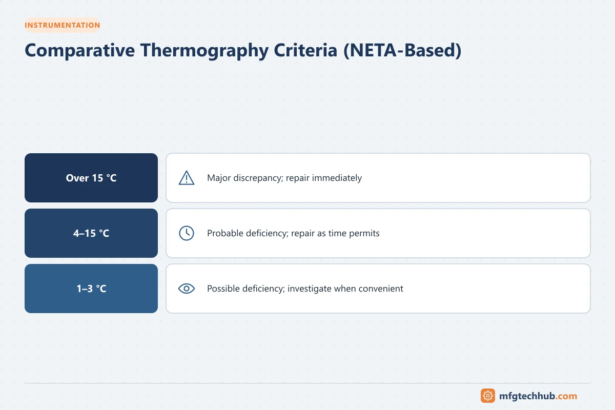 Comparative Thermography Criteria (NETA-Based): Over 15 °C, 4–15 °C, 1–3 °C